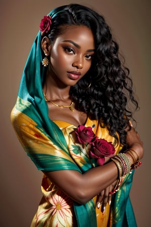 beautiful black female model with curly black hair, wearing green shawl and red flowers, glamour, fashion photoshoot