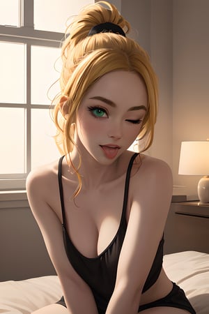 highres, masterpiece, perfect lighting, bloom, cinematic lighting, adult, female, looking at viewer, portrait, upper body, bedroom, night background, green eyes, thick eyebrows, bangs, blonde hair, long flowing hair, ponytail, ahegao,tongue out, arms together, arm between thighs, sitting, realistic, black pupil, pajamas, hyperrealism, wink, ;),one eye closed