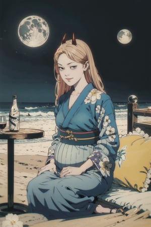 woman\(slim body, long yellow hair, yellow eye color, horns, jewelery, bridal gauntlets, rings, amulets, eyelashes, big breasts, large cleavage, wearing yukata, sandal, feminine, beautiful, mistress, pregnant\) The scene should convey a seductive and smug smile expression on her face, with an air of arrogance as she maintains eye contact with the viewer, (full body), sitting, background(beach, pillows, sky, night, moon, table(sake), pots with flowers),(masterpiece, highres, high quality:1.2), ambient occlusion, low saturation, High detailed, Detailedface