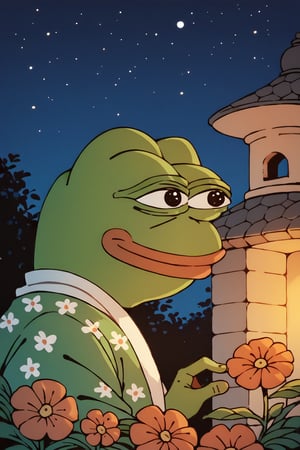 score_9, score_8, score_7, score_8_up, pepe the frog, wearing white Muslim robe, outdoor, night, flowers, mosque, starring at the stars, score_7_up, side view