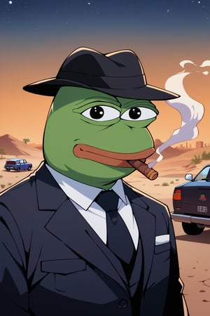 score_9, score_8, score_7, score_7_up, score_8_up, pepe the frog wearing black business suit, cowbot hat, smoking a cigar, giving you a cigar, upper body, mojave desert, classic car in background, apocalyptic, exterior, night,0ut3rsp4c3