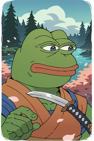 score_9, score_8, score_7, score_7_up, score_8_up, pepe the frog wearing samurai armor, holding long Katana sword, upper body, river Forest, Edo era, classic car in background, exterior, night, Sakura petals, vagabond