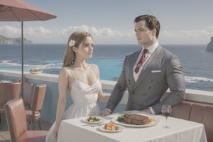 Henry Cavill wearing business suit with Frieren and aura both wearing nice dress, steak and wine on the table, fantasy, (Shot from distance),background(ocean, outdoor restaurant)(masterpiece, highres, high quality:1.2), ambient occlusion, low saturation, High detailed, Detailedface, Dreamscape,Extremely Realistic