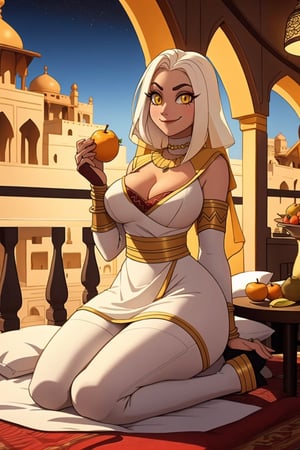 Lute\(thicc body, white hair, yellow eyes, jewelery, bridal gauntlets, rings, amulets, eyelashes, large cleavage, wearing full harem dress, sandal, feminine, beautiful, mistress\), sitting on matress, The scene should convey a seductive smile expression on her face, with an air of cuteness as she maintains eye contact with the viewer, background(luxurious arabian balcony, pillows, sky, night, table(fruits)),(masterpiece, highres, high quality:1.2), ambient occlusion, low saturation, High detailed, Detailedface,Lut