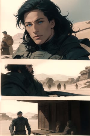 man\(young, handsome, quiet, blue eyes, long black hair, tan skin, handsome, wearing armor, muscular, tall\), meets up with friend before going to the council, background(dune style outdoor),(masterpiece, highres, high quality:1.2), ambient occlusion, low saturation, High detailed, Detailedface, comic page different views, 80's sci-fi dark fantasy, page with panels