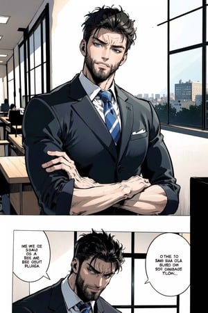 gigachad\(male, tall, giant, handsome, black hair, blue eyes, muscular, buisiness suit with tie\), thinking and decidign on what to do, in each panel, background(night, indoor, private office, staring at the city on a window) (masterpiece, highres, high quality:1.2), ambient occlusion, outstanding colors, low saturation,High detailed, Detailedface, Dreamscape,manga page