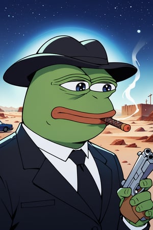 score_9, score_8, score_7, score_7_up, score_8_up, pepe the frog wearing black business suit, cowbot hat, smoking a cigar, holding shotgun, upper body, mojave desert, classic car in background, apocalyptic, exterior, night,0ut3rsp4c3