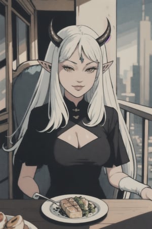 pov across table, looking at viewer, sitting, solo, cup of coffee, table, plate, drinking glass, fork, depth of field, holding, food, spoon, glass, ice cube, head rest, woman\(slim body, young, Oni horns, demon elf ears, long white hair, red eyes, jewelery, bridal gauntlets, rings, amulets, eyelashes, large cleavage, wearing full harem dress, sandal, feminine, beautiful, mistress\), The scene should convey a seductive and smug smile expression on her face, with an air of arrogance as she maintains eye contact with the viewer, blurry background(luxurious arabian balcony, outdoor, sky, day, Dubai city, pillows),(masterpiece, highres, high quality:1.2), ambient occlusion, low saturation, High detailed, Detailedface, break CONCEPT_pov_dating_ownwaifu,www.ownwaifu.com