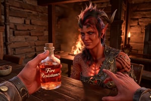 In this first-person perspective, your human hands extend a glass potion bottle labeled "Fire Resistance," the elegant script glowing faintly in the warm light of the inn. The potion’s amber liquid swirls as you offer it across the rustic wooden table.

Opposite you, Karlach stands, her powerful yet feminine form bathed in the flickering firelight. Her dark red skin glows softly, and her fiery hair flows wildly around her shoulders. Her eyes, bright yellow like molten gold, meet yours, filled with curiosity. The infernal scars on her muscular arms pulse faintly as she leans forward, a playful grin on her lips.