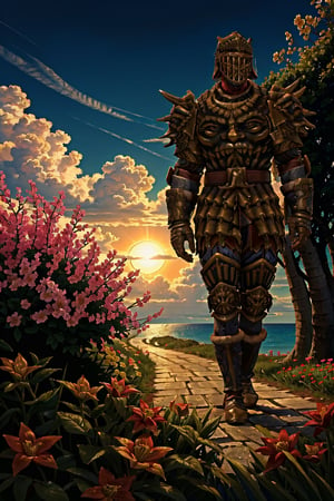 1boy(tall, wearing Madness armor, helmet), walking, romantic, (shot from distance), background(day, outdoor, sky, sun, ocean, flowers, trees) (masterpiece, highres, high quality:1.2), ambient occlusion, outstanding colors, low saturation,High detailed, Detailedface, Dreamscape,Armor,Helmet