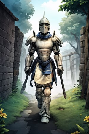 High resolution, extremely detailed, atmospheric scene, masterpiece, best quality, high resolution, 32k, high quality), (Full Body), knight(wearing full armor and helmet, tall), walking inside a dark dungeon, surrounded by rolling green hills and colorful flowers.