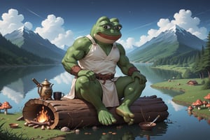 score_9, score_8, score_7, score_7_up, score_8_up, pepe the frog(wise, green skin, frog feet, quiet, wearing mongolian armor with helmet and cuirass, ornate, light steel plate design which is worn over cloth padding, katana on his belt), (full body) sitting on a log, coffee and rice on the table, campfire, background(mountain, giant mushrooms, lake, night), (solo), (masterpiece, highres, high quality:1.2), ambient occlusion, low saturation, High detailed, anime