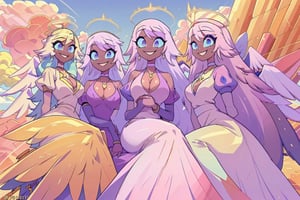 group of girls (emily, slim body, long white hair, blue eyes, eyelashes, jewelry, earrings, necklace, armlet, bracelet, ring, wearing dress, angel wings, large cleavage, headdress, bare shoulders, hoop earrings, bridal gauntlets, feminine, beautiful, cute, gentle smile), beside her animals(rabbits and birds), looking at viewer seductively, sitting, background(mosques,flower, outdoors, day, sky, tree, plant, birds, cloud, ocean, water, scenery), (masterpiece, highres, high quality:1.2), low saturation,High detailed,perfect,midjourney,pastelbg,pastel colors,multiple girls