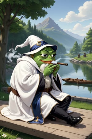 score_9, score_8, score_7, Pepe(frog, old, wearing wizard robe, long white beard, wizard, smoking pipe), sitting and resting on lakeside, background(outdoor, day),(masterpiece, highres, high quality:1.2), ambient occlusion, low saturation, High detailed, Detailedface, (shot from distance)