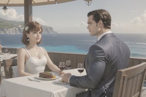 Henry Cavill wearing business suit with 2girls(Frieren and aura) both wearing nice dress, sitting, steak and wine on the table, fantasy, (Shot from distance),background(ocean, outdoor restaurant)(masterpiece, highres, high quality:1.2), ambient occlusion, low saturation, High detailed, Detailedface, Dreamscape,Extremely Realistic