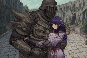 score_9, score_8, score_7, score_7_up, score_8_up, 1boy\(human, giant male, tall male, wearing full madness Armor and helmet, armored\) holding his wife 1girl\(Raiden Shogun, pregnant belly, big breasts, slim body, wearing dress, jewellery, gold, hugging, pouty lips, seductive, smug smile, blushing\), garden, castle, mushrooms, outdoor, romance, fantasy, 2d, anime, hetero,score_anime,anime screencap