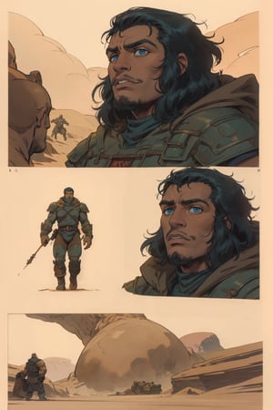 man\(young, handsome, quiet, blue eyes, long black hair, tan skin, handsome, wearing armor, muscular, tall\), (full body), walking, background(dune style world, day),(masterpiece, highres, high quality:1.2), ambient occlusion, low saturation, High detailed, Detailedface, comic page different views, berserk style, 80's dark fantasy 