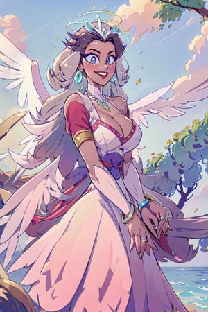 Sera(slim body, long white hair, blue eyes, eyelashes, jewelry, earrings, necklace, wings, angel, armlet, bracelet, ring, wearing dress, angel, large cleavage, big breasts, headdress, bare shoulders, hoop earrings, bridal gauntlets, feminine, beautiful, gentle smile), looking at viewer seductively, standing, background(flower, outdoors, day, sky, tree, plant, cloud, ocean, water, scenery), (masterpiece, highres, high quality:1.2), low saturation,High detailed,perfect,EnvyBeautyMix23,ayaka_genshin