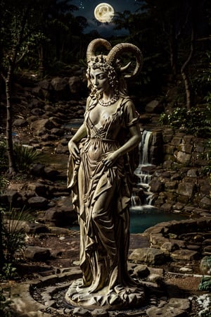 Lilith Statue(large cleavage, skin statue, seductive pose, horns, hair statue, face statue, body made of statue, wearing full dress), standing, pov, looking at viewer, staring at you, background(night, moon, hot spring,aztec, waterfall)(masterpiece, highres, high quality:1.2), ambient occlusion, low saturation, High detailed, Detailedface, Dreamscape