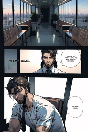 gigachad\(male, tall, giant, handsome, black hair, blue eyes, muscular, buisiness suit with tie\), standing, tired, in each panel, background(night, indoor, private office, staring at the city on a window) (masterpiece, highres, high quality:1.2), ambient occlusion, outstanding colors, low saturation,High detailed, Detailedface, Dreamscape,manga page