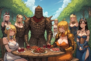 score_9, score_8, score_7, score_7_up, score_8_up, 1boy\(human, giant male, tall male, wearing full madness Armor and helmet, standing\) with 4girls\(big breasts, Yang Xiao Long, Lumine, Power(chainsaw-man) and Luxanna Crownguard, wearing colored dress, jewelry, thick body, happy expression on their face, pouty lips, seductive, pregnant, sitting\), all sitting, both staring at each other, (cooked meat and wine on the table), garden exterior, day, multiple girls, side view, harem
