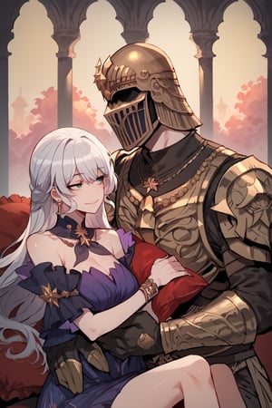 score_9, score_8, score_7, score_7_up, score_8_up, 1boy\(human, giant male, tall male, wearing full madness Armor and helmet, (no-face), armored, from side\) laying and holding woman\(robin \(honkai: star rail\), smile on her face, pouty lips, seductive, wearing dress, jewellery, gold\), hugging and resting, sitting on his lap, staring at him, Arabian garden, pillows, coffee and grapes, anime,ratatatat74 artstyle