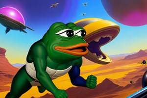 Pepe the frog and chad wojak both wearing helldiver, having a great time, fighting against giant alien insects, background(alien planet), fantasy, Oil painting, heavy brush strokes, colourful, epic art, (masterpiece, highres, high quality:1.2), ambient occlusion, low saturation, High detailed, Detailedface, Dreamscape