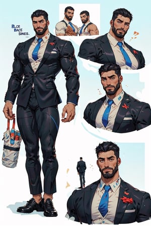 gigachad(tall, young, bodybuilder, muscular, handsome, blue eyes, short black hair, black business suit with red tie, nice shoes), multiple boys,character sheet, character design, reference sheet, multiple views, turnaround, full body, from front, from side, from behind, (masterpiece, highres, high quality:1.2), outstanding colors, low saturation, High detailed, Detailedface, Dreamscape