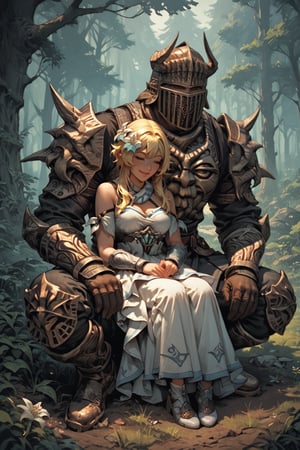 score_9, score_8, score_7, score_7_up, score_8_up, 1boy\(madness Armor and helmet, giant, helmet\) sitting, resting and holding woman\(Lumine, small smile, hugging, wearing dress), outdoor, forest, fantasy