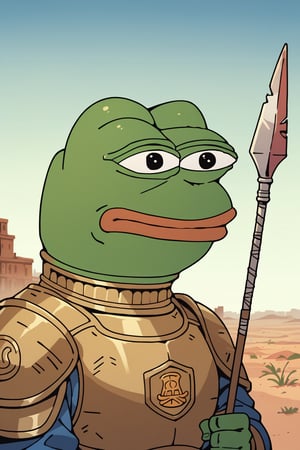 score_9, score_8, score_7, score_7_up, score_8_up, pepe the frog wearing Roman Armor, spear in his hand, mojave desert, apocalyptic city, upper body, exterior, night