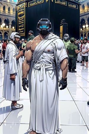 Doomguy(bodybuilder, tall, naked but wearing white robe Ihram and helmet) standing, (shot from distance), background(mecca, kaaba) (masterpiece, highres, high quality:1.2), ambient occlusion, outstanding colors, low saturation,High detailed, Detailedface, Dreamscape