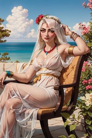 Vaggie(slim body, long white hair, eyelashes, jewelry, earrings, necklace, armlet, bracelet, ring, wearing white roman dress, large cleavage, headdress, bare shoulders, hoop earrings, bridal gauntlets, feminine, beautiful), looking at viewer seductively, sitting on decorated chair, background(flower, outdoors, day, short hair, sky, tree, plant, cloud, ocean, water, potted plant, vase, scenery), (masterpiece, highres, high quality:1.2), low saturation,High detailed,perfect,(vaggie)