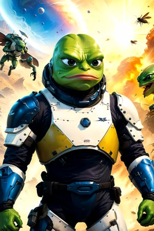 Pepe the frog wearing helldiver Armor, fighting against giant alien insects, background(alien planet), fantasy, Oil painting, heavy brush strokes, colourful, epic art, (masterpiece, highres, high quality:1.2), ambient occlusion, low saturation, High detailed, Detailedface, Dreamscape