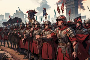army of men(wearing Roman Armor(lorita hamaca, red color) and galea helmet, with spears and shields, muscular, legion) marching, with flag(red with bull symbol), background(new York city, Mojave wasteland, post apocalyptic, post nuclear fallout, day, sun) (masterpiece, highres, high quality:1.2), ambient occlusion, low saturation,High detailed, Detailedface, Dreamscape