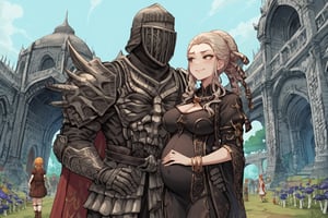 score_9, score_8, score_7, score_7_up, score_8_up, 1boy\(human, giant male, tall male, wearing full madness Armor and helmet, armored\) holding his wife 1girl\(Salem_RWBY, pregnant belly, big breasts, slim body, wearing dress, jewellery, gold, hugging, pouty lips, seductive, smug smile, blushing\), forest, castle, mushrooms, outdoor, romance, fantasy, 2d, anime, hetero,score_anime,anime screencap