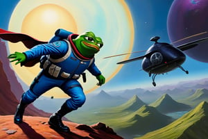 Pepe the frog wearing helldiver, having a great time, fighting against giant alien insects, background(alien planet), fantasy, Oil painting, heavy brush strokes, colourful, epic art, (masterpiece, highres, high quality:1.2), ambient occlusion, low saturation, High detailed, Detailedface, Dreamscape