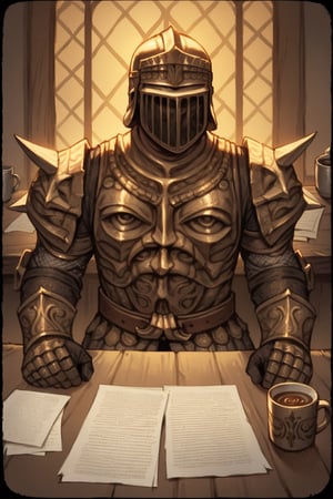 score_9, score_8, score_7, score_8_up, 1boy\(human, giant, tall, wearing madness Armor and helmet, faceless\), sitting in his office, cup of coffee on the stone table, paper and inks, upper body, interior medieval livingroom, (different views, comic page), solo