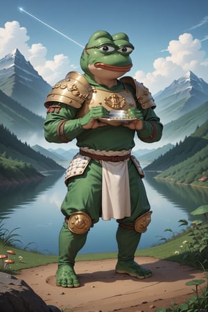 score_9, score_8, score_7, score_7_up, score_8_up, pepe the frog(wise, green skin, frog feet, frog hands, quiet, wearing mongolian armor with helmet and cuirass, ornate, light steel plate design which is worn over cloth padding, umbra sword, on his belt), (full body) standing, background(mountain, volcano, giant mushrooms, lake, night), (solo), (masterpiece, highres, high quality:1.2), ambient occlusion, low saturation, High detailed