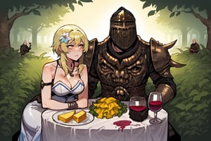 score_9, score_8, score_7, score_8_up, 1boy\(human, tall, wearing full madness armor and helmet, bald\) with 1girl\(young, medium breasts, Lumine wearing full harem dress, jewellery, rings, amulet, bracelet, thicc thighs, wide hips, shy face, pouty lips, seductive\) and Paimon, (cheese, wine, cabbage on the table), both sitting on the floor, at the garden, both staring at each other