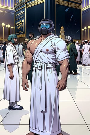 Doomguy(bodybuilder, tall, naked but wearing white robe Ihram and helmet) standing, (shot from distance), background(mecca, kaaba, islam) (masterpiece, highres, high quality:1.2), ambient occlusion, outstanding colors, low saturation,High detailed, Detailedface, Dreamscape