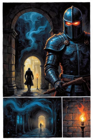 In a vivid, eldritch oil painting combined with a vintage comic style, illustrate a lone knight cautiously striding through the dimly lit corridors of a foreboding dungeon. The flickering light from a torch held in his right hand casts eerie shadows against the rough stone walls, creating a dance of light and darkness that heightens the tension in the air. The knight's face, obscured by a steel helmet, adds to the enigma of his identity, while his worn armor gleams with dark, unnatural hues, giving a spectral quality to his form.

Panel Breakdown:

Panel 1: The knight stands at the dungeon entrance, torch in hand, with ominous shadows lurking in the background.

Panel 2: A close-up of the knight’s helmet, reflecting the flickering torchlight, enhancing the mystery.

Panel 3: The knight walks down the corridor, with intricate carvings visible on the walls and shadows dancing around him.

Art Style: Combine thick, heavy brush strokes of oil paint with sharp textures of colored pencil to create an energetic yet eerie atmosphere. Use a dark color palette with bright, vivid colors in the eldritch mist to emphasize the surreal quality of the dungeon.
