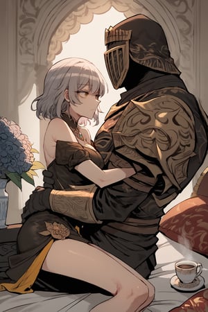 score_9, score_8, score_7, score_7_up, score_8_up, 1boy\(human, giant male, tall male, wearing full madness Armor and helmet, (no-face), armored, from side\) laying and hugging woman\(stelle \(honkai: star rail\), grey hair, yellow eyes, skinny, toned, medium breasts, surprised look on her face, pouty lips, seductive, wearing dress, jewellery, gold\), hugging and resting, sitting on his lap, staring at him, Arabian garden, pillows, coffee and cheese, anime,ratatatat74 artstyle