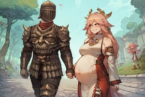 score_9, score_8, score_7, score_7_up, score_8_up, 1boy\(human, giant male, tall male, wearing madness Armor and (madness helmet)\) walking and holding hand of 1girl\(Yae Miko, short, smiling, pregnant, jewellery, gold, wearing dress, pouty lips, seductive, blushing\), both staring at each other, day, city, multiple magical butterflies, outdoor, mushroom trees, romance, fantasy, hetero, anime, 2d