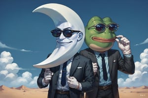score_9, score_8, score_7, score_8_up, 2boys, 1boy\(Pepe the frog\) and 1boy\(moon man, moon crescent head, gloves\) both wearing business suit and sun glasses, both standing, mojave desert, day, score_7_up