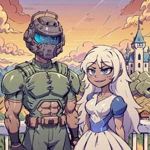 1boy(DoomGuy, tall, young, muscular, wearing doom helmet faceless, no hair, Doomguy(helmet)) and 1girl(Emily,slim body, cute, petite, wearing princess dress, long white hair, gentle and warm smile), (shot from distance), background(balcony, castle, rural area) (masterpiece, highres, high quality:1.2), ambient occlusion, outstanding colors, low saturation,High detailed,Detailedface,Dreamscape