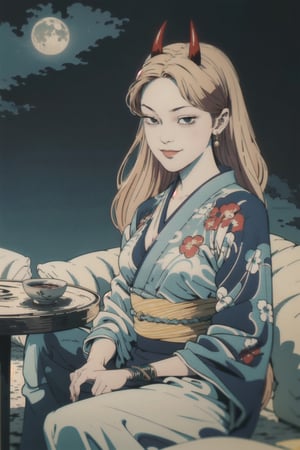 woman\(slim body, long yellow hair, yellow eye color, horns, jewelery, bridal gauntlets, rings, amulets, eyelashes, big breasts, large cleavage, wearing yukata, sandal, feminine, beautiful, mistress\) The scene should convey a seductive and smug smile expression on her face, with an air of arrogance as she maintains eye contact with the viewer, (full body), sitting, background(beach, pillows, sky, night, moon, table(sake), pots with flowers),(masterpiece, highres, high quality:1.2), ambient occlusion, low saturation, High detailed, Detailedface