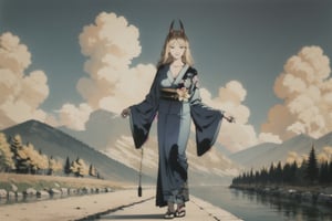 woman\(slim body, long blonde hair, yellow eye color, horns, jewelery, bridal gauntlets, rings, amulets, eyelashes, big breasts, large cleavage, wearing yukata, sandal, feminine, beautiful, mistress\) The scene should convey a seductive smile on her face, with an air of smugness as she maintains eye contact with the viewer, (full body), walking, background(rural, river, day, sky, sun),(masterpiece, highres, high quality:1.2), ambient occlusion, low saturation, High detailed, Detailedfacez (shot from distance)