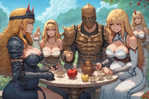 score_9, score_8, score_7, score_7_up, score_8_up, 1boy\(human, giant male, tall male, wearing full madness Armor and helmet, standing\) with 4girls\(big breasts, Yang Xiao Long, Lumine, Power(chainsaw-man) and Luxanna Crownguard, blondes, wearing colored dress, jewelry, thick body, happy expression on their face, pouty lips, seductive, pregnant, sitting\), all sitting, both staring at each other, (tea, apple, pear on the table), garden exterior, day, multiple girls, side view, harem,csr style