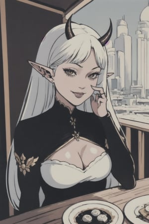 pov across table, looking at viewer, sitting, solo, cup of coffee, table, plate, fork, depth of field, food, spoon, head rest, woman\(slim body, young, Oni horns, demon elf ears, long white hair, red eyes, jewelery, bridal gauntlets, rings, amulets, eyelashes, large cleavage, wearing full harem dress, sandal, feminine, beautiful, mistress\), The scene should convey a seductive and smug smile expression on her face, with an air of arrogance as she maintains eye contact with the viewer, blurry background(luxurious arabian balcony, outdoor, sky, day, Dubai city, pillows),(masterpiece, highres, high quality:1.2), ambient occlusion, low saturation, High detailed, Detailedface, break CONCEPT_pov_dating_ownwaifu,www.ownwaifu.com