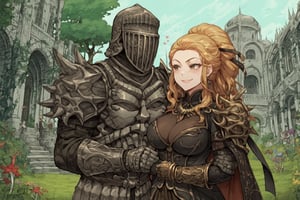 score_9, score_8, score_7, score_7_up, score_8_up, 1boy\(human, giant male, tall male, wearing full madness Armor and helmet, armored\) holding his wife 1girl\(Salem_RWBY, pregnant belly, big breasts, slim body, wearing dress, jewellery, gold, hugging, pouty lips, seductive, smug smile, blushing\), forest, castle, mushrooms, outdoor, romance, fantasy, 2d, anime, hetero,score_anime,anime screencap